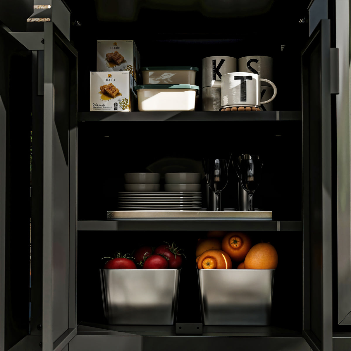 Open kitchen cabinet with food items including fruits, vegetables, and kitchenware.