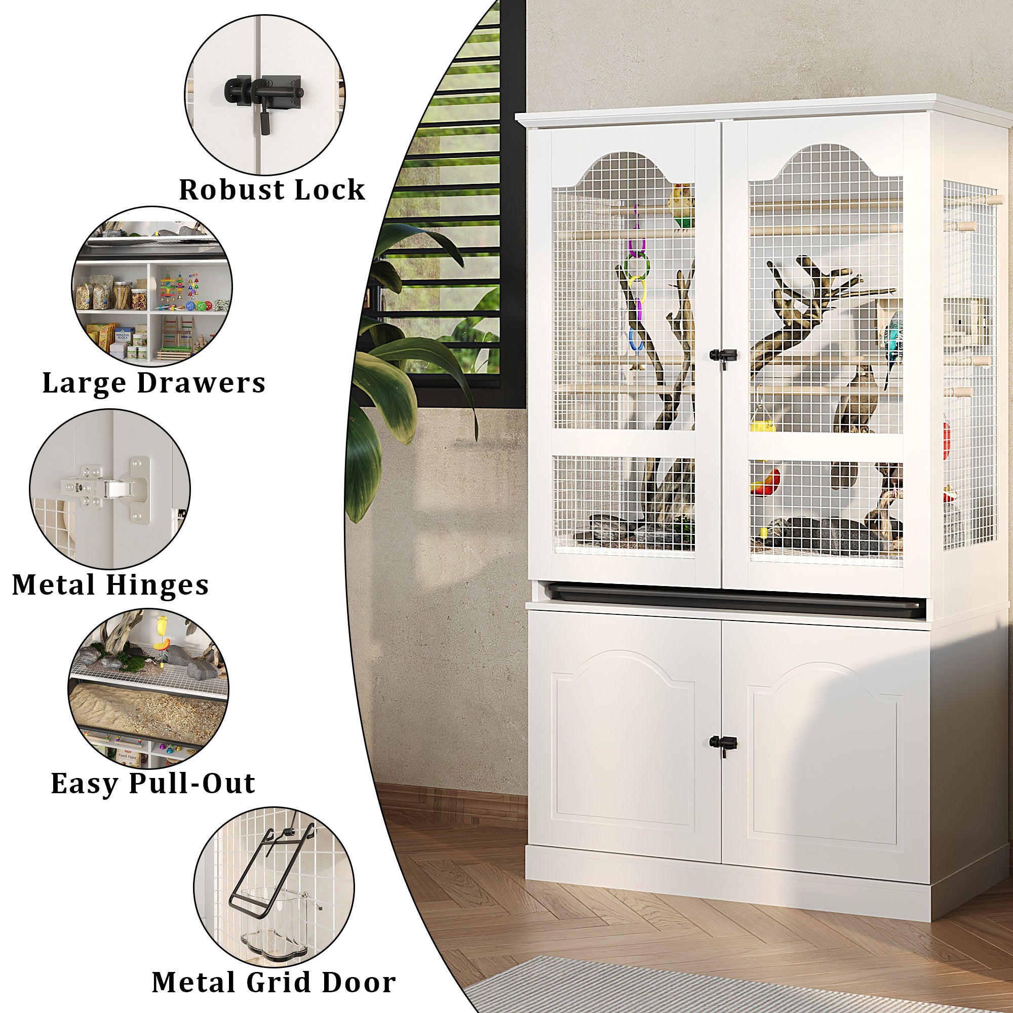 White pet cage with features highlighted on a white background
