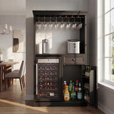 Home bar cabinet with wine cooler, shelves, and glass holders in a living room setting.
