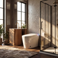 White smart toilet in a modern bathroom with side control knob and ambient light