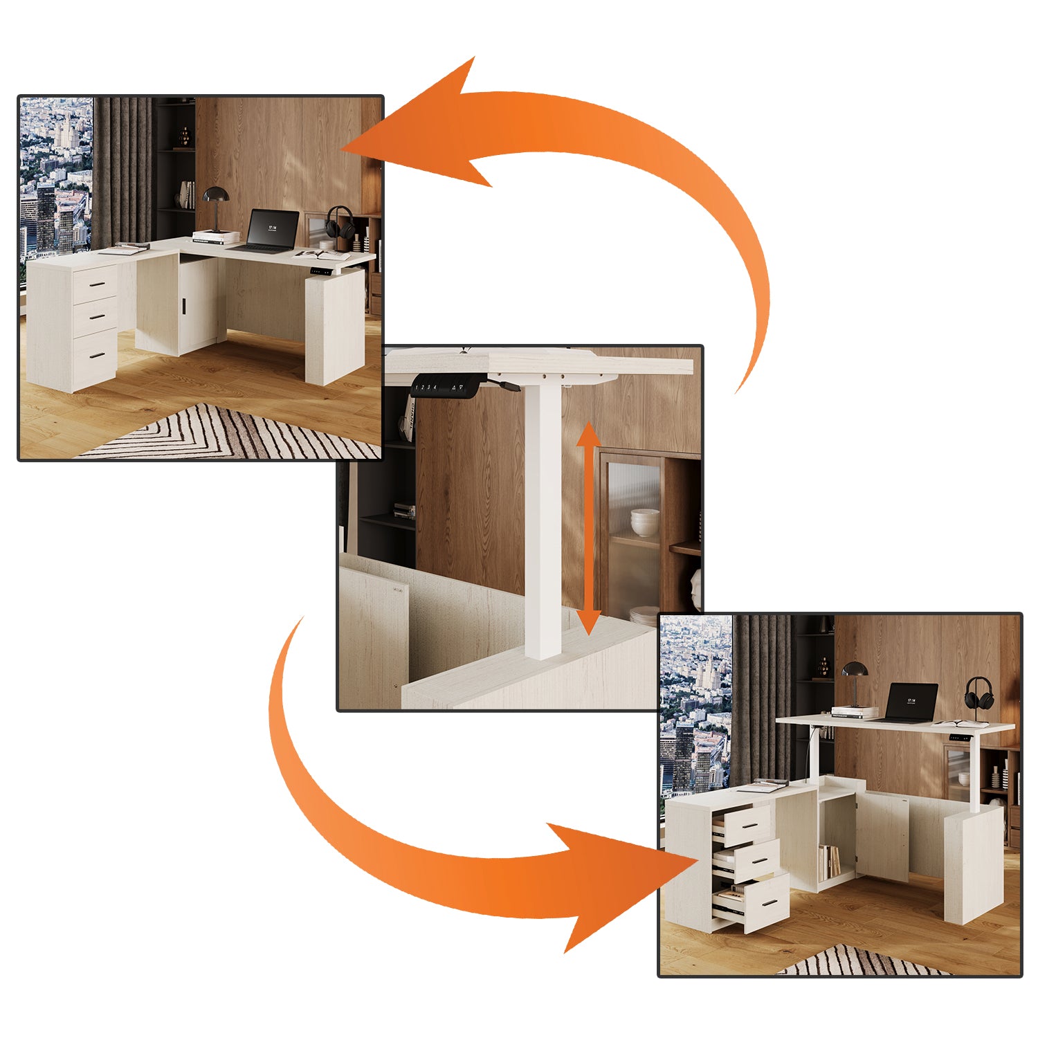 63"W L-Shaped 3-Drawer Lift Computer Desk