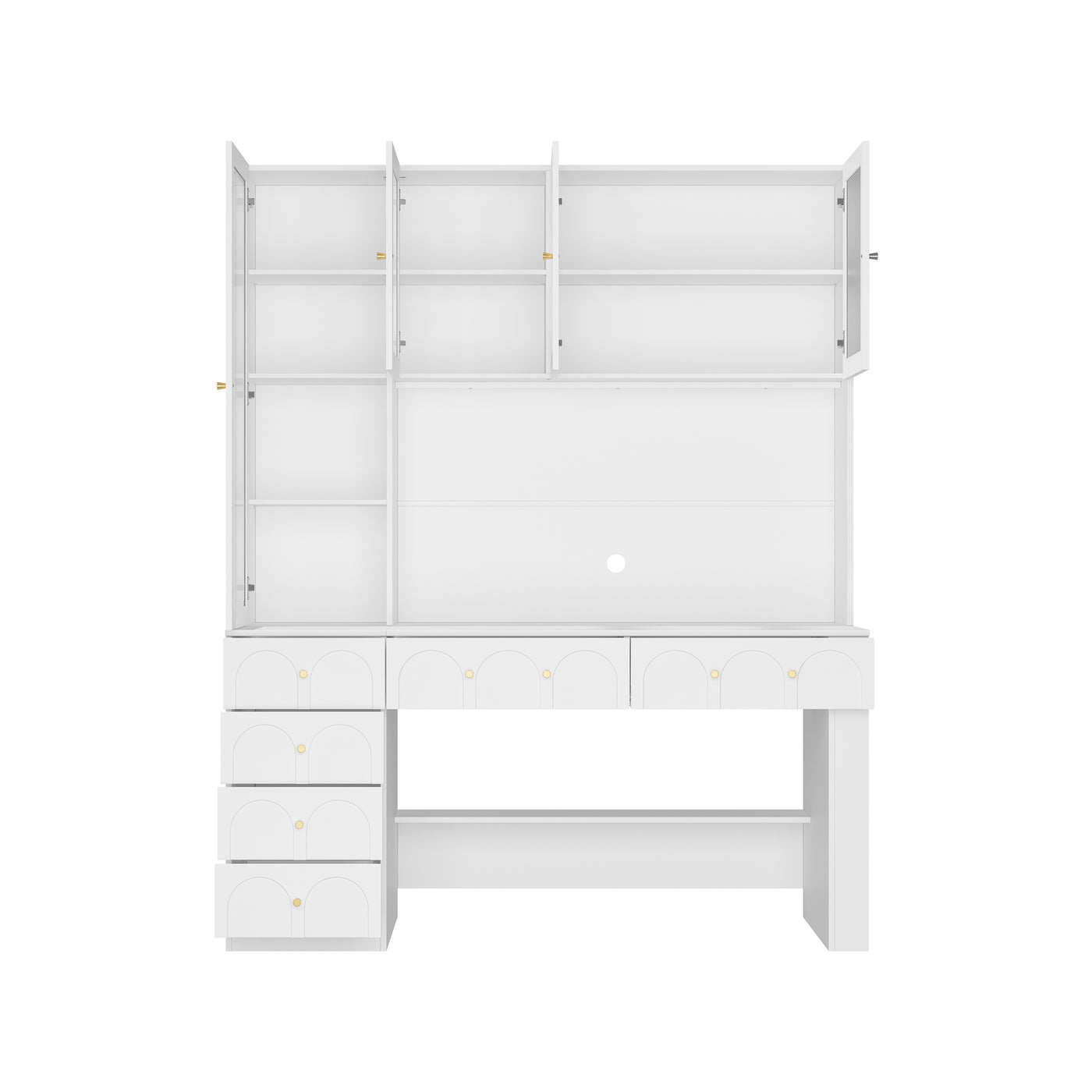 63" Modern White Versatile Vanity Desk with Massive Storage and Arched Glass Doors