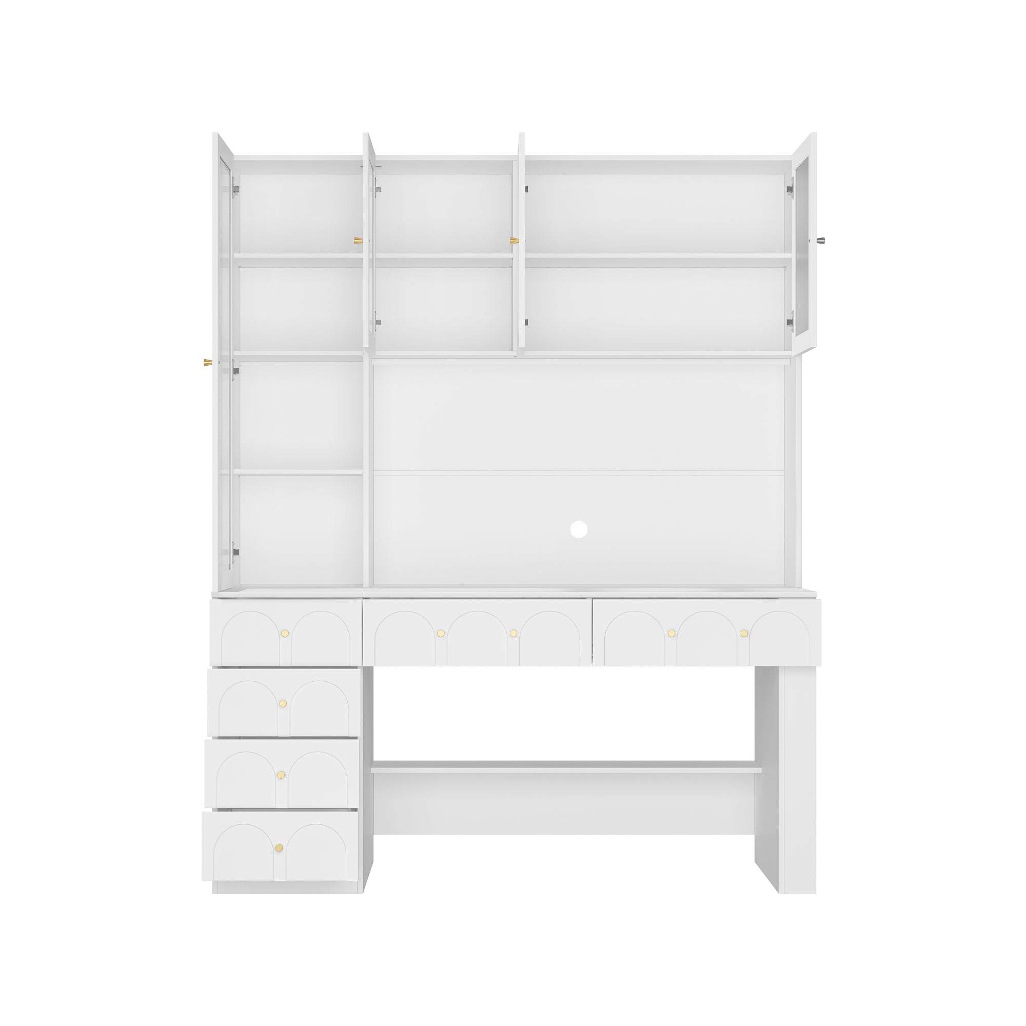 63 inches Modern White Versatile Vanity Desk with Massive Storage and Arched Glass Doors