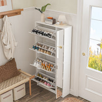 31.5" Modern White Flip-Down Shoe Cabinet with 3 Tiers & 28 Pair Capacity