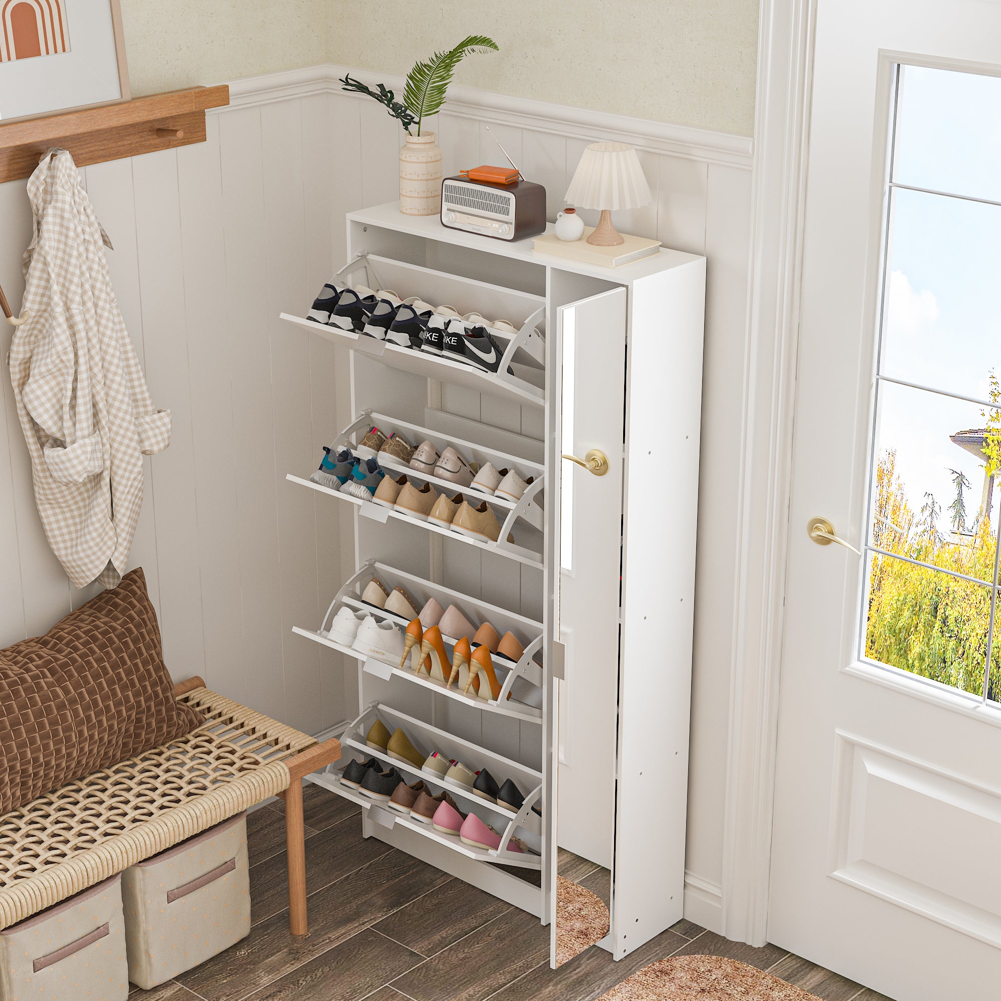 31.5 inch Modern White Flip-Down Shoe Cabinet with 3 Tiers & 28 Pair Capacity