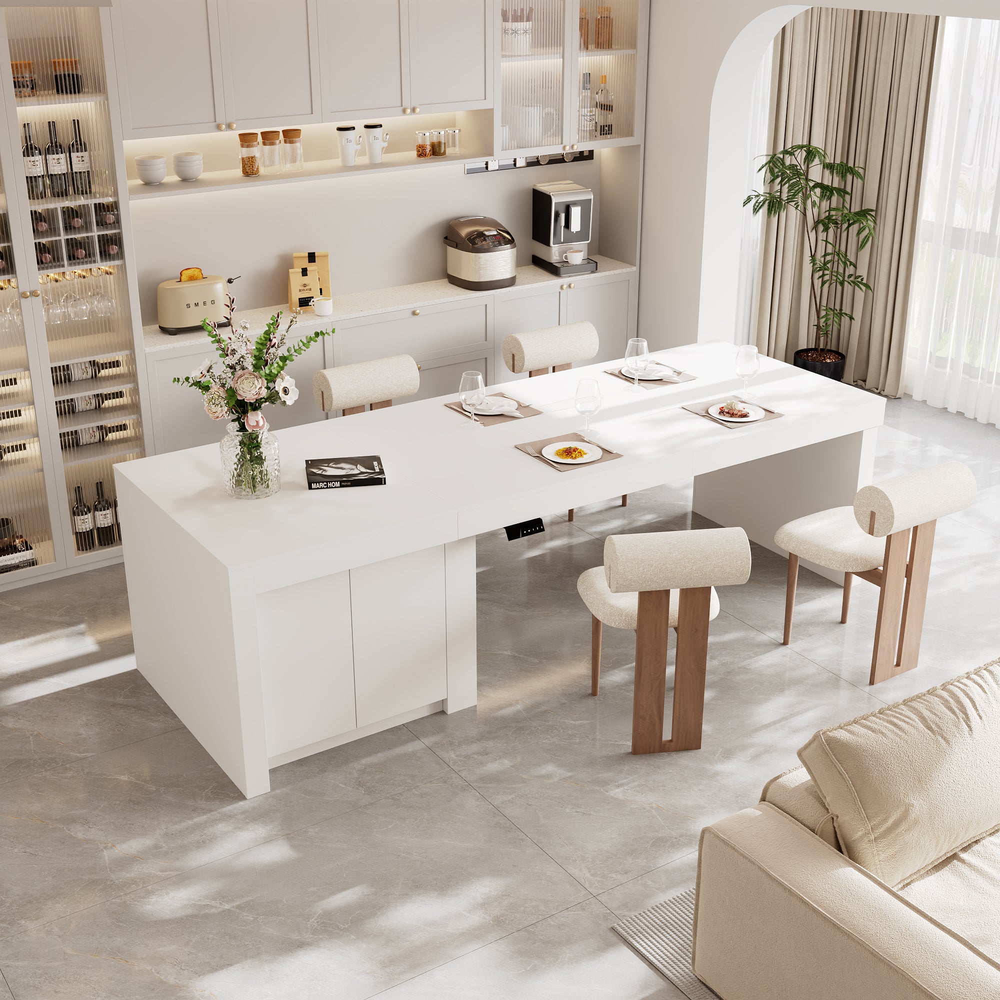 Modern white kitchen island with height-adjustable top and storage cabinets