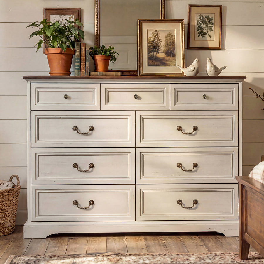 55.1" Elegant White 9-Drawer Dresser with Gold Handles & Spacious Tabletop