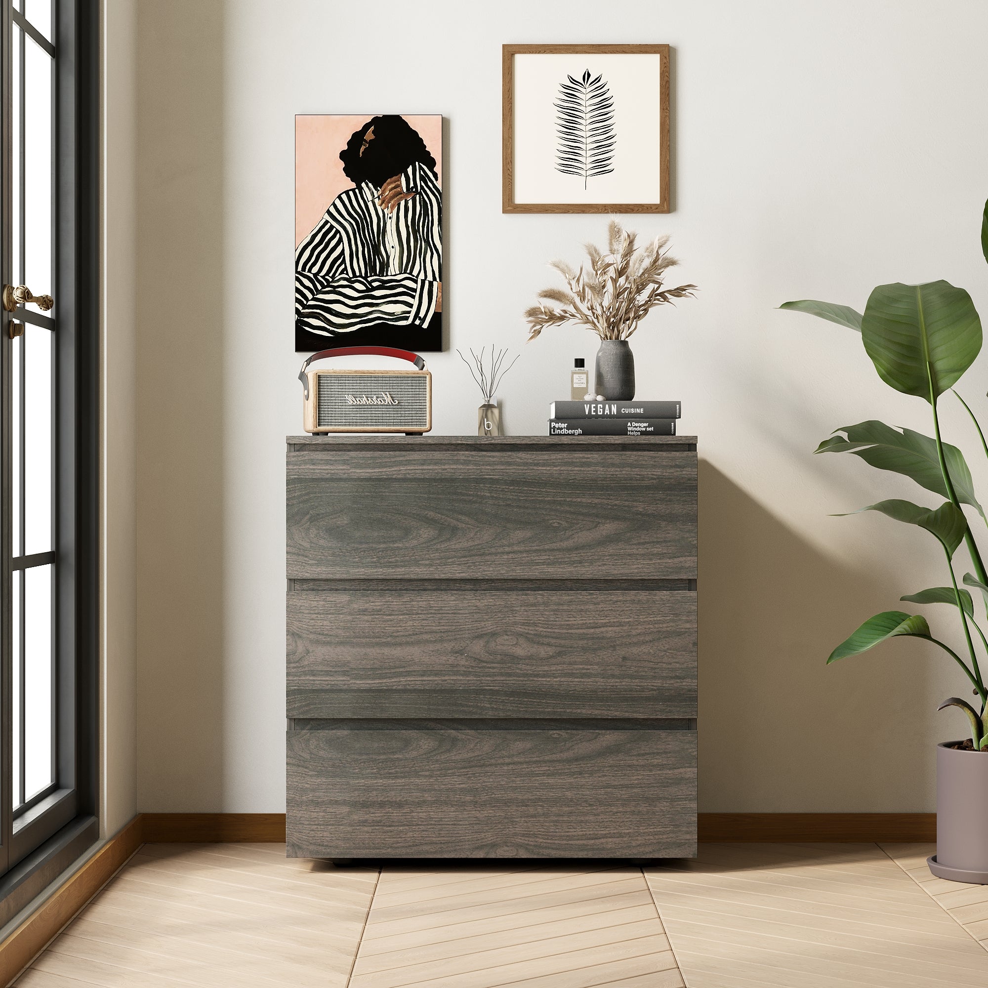 Chest of 3 Drawers Storage Dresser White Sideboard with 3 Drawers No-Handle Organizer