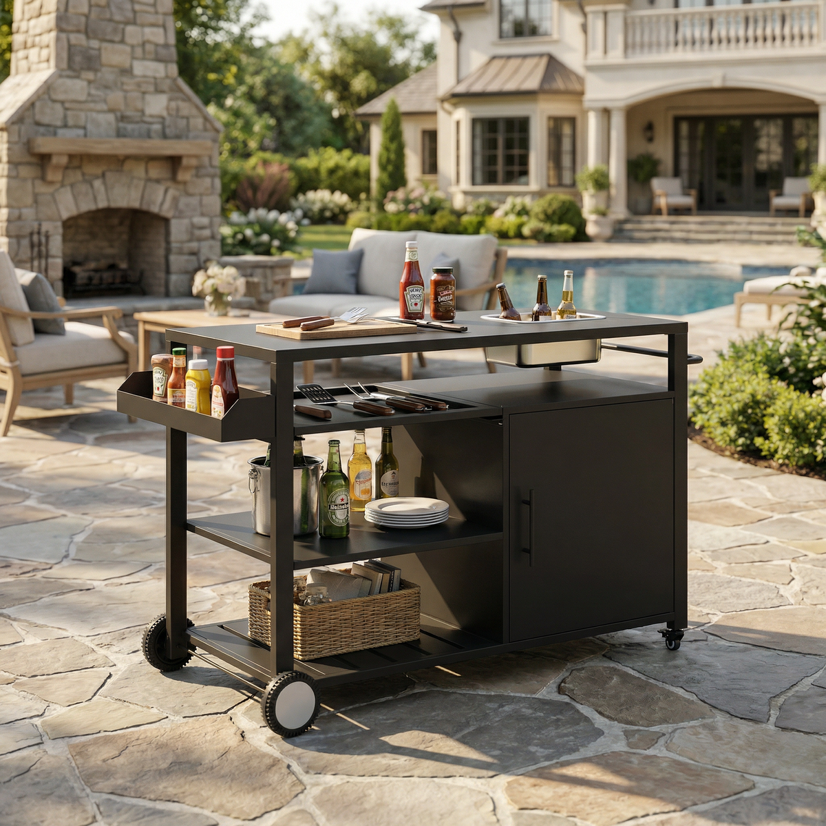 Black outdoor kitchen island cart with side shelf, storage cabinet, sink, and wheels