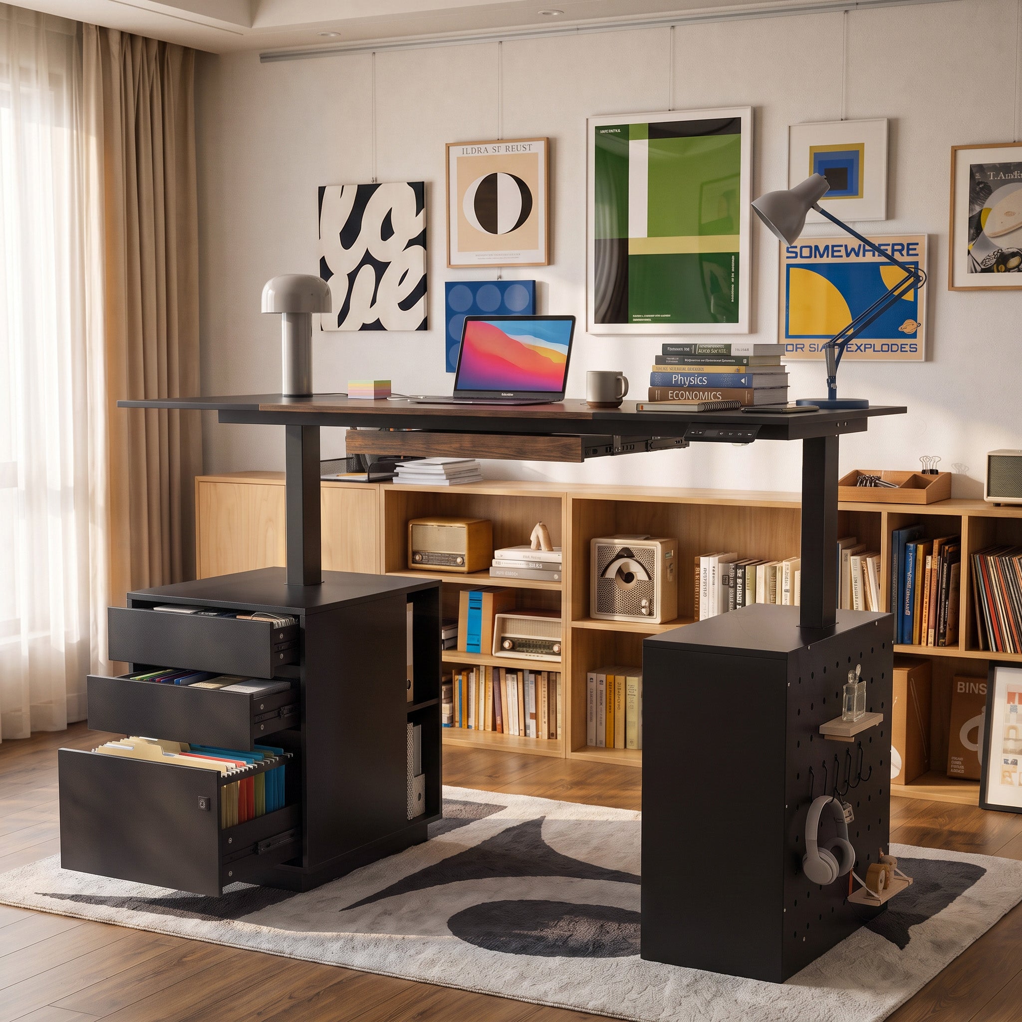 63" Modern Standing Desk with Pegboard Organizer and Keyboard Tray