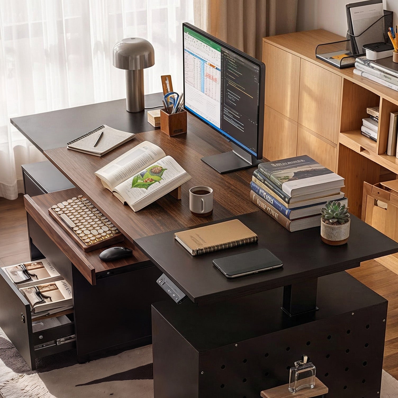 63" Modern Standing Desk with Pegboard Organizer and Keyboard Tray