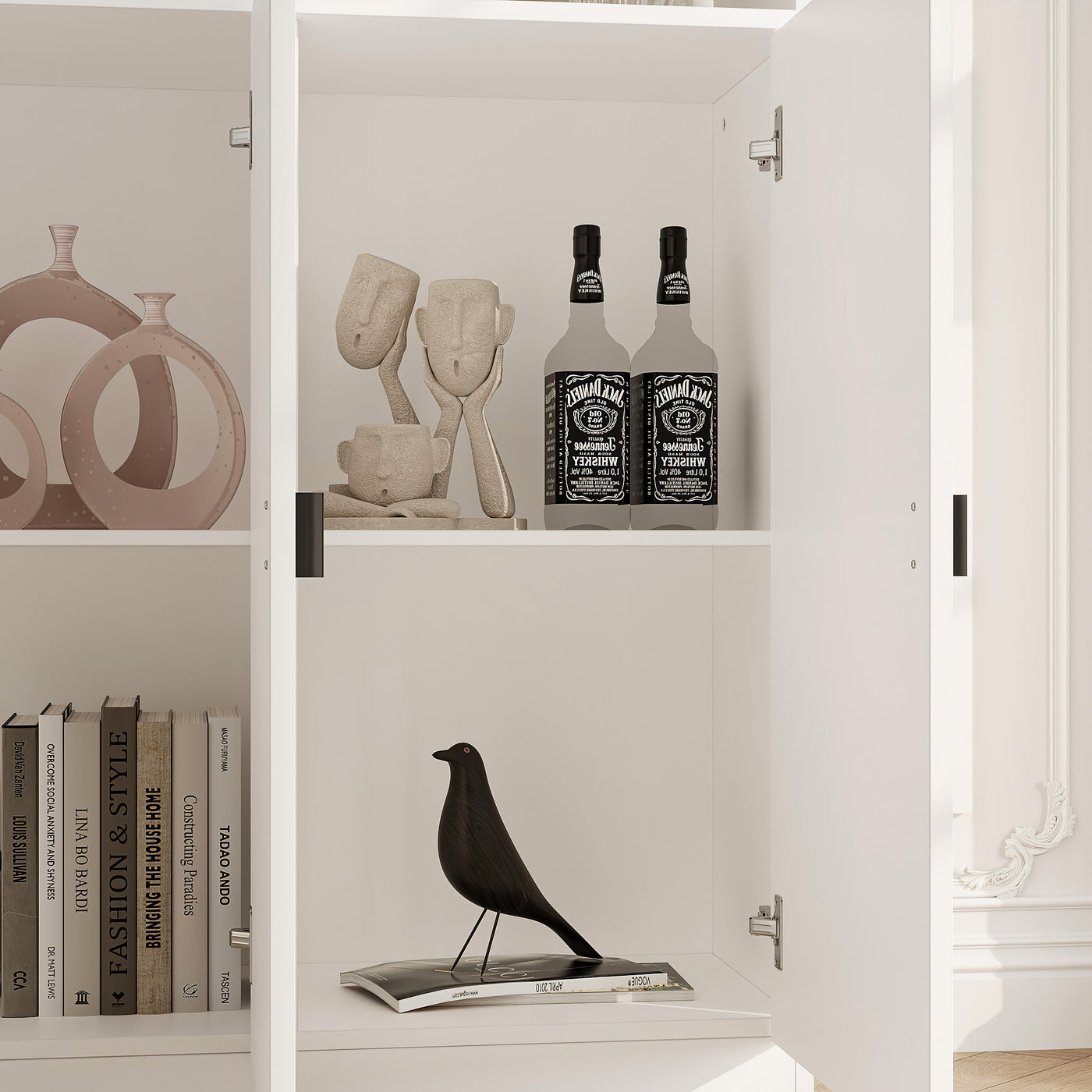 47.2" Elegant White Bookcase with Glass Doors and Open Shelves
