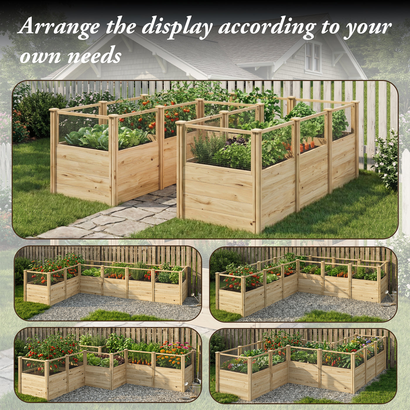 Wooden raised garden beds with plants arranged in various configurations on a grassy background