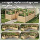 Wooden raised garden beds with plants arranged in various configurations on a grassy background