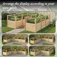 Wooden raised garden beds with plants arranged in various configurations on a grassy background