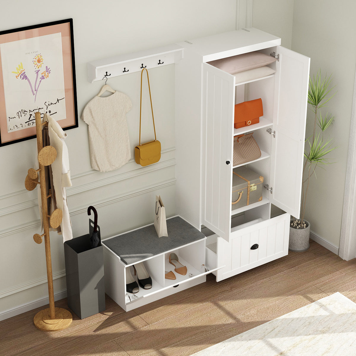 Stilla 59.1" Modern White Hall Tree with Storage Bench & Flip-Down Shoe Cabinet