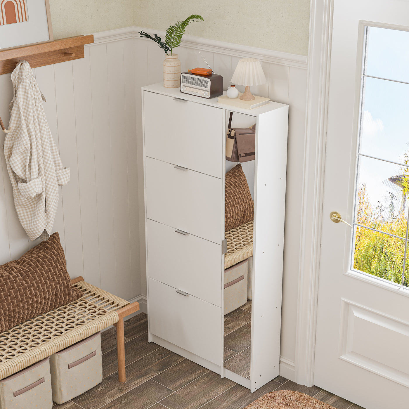 31.5" Modern White Flip-Down Shoe Cabinet with 3 Tiers & 28 Pair Capacity