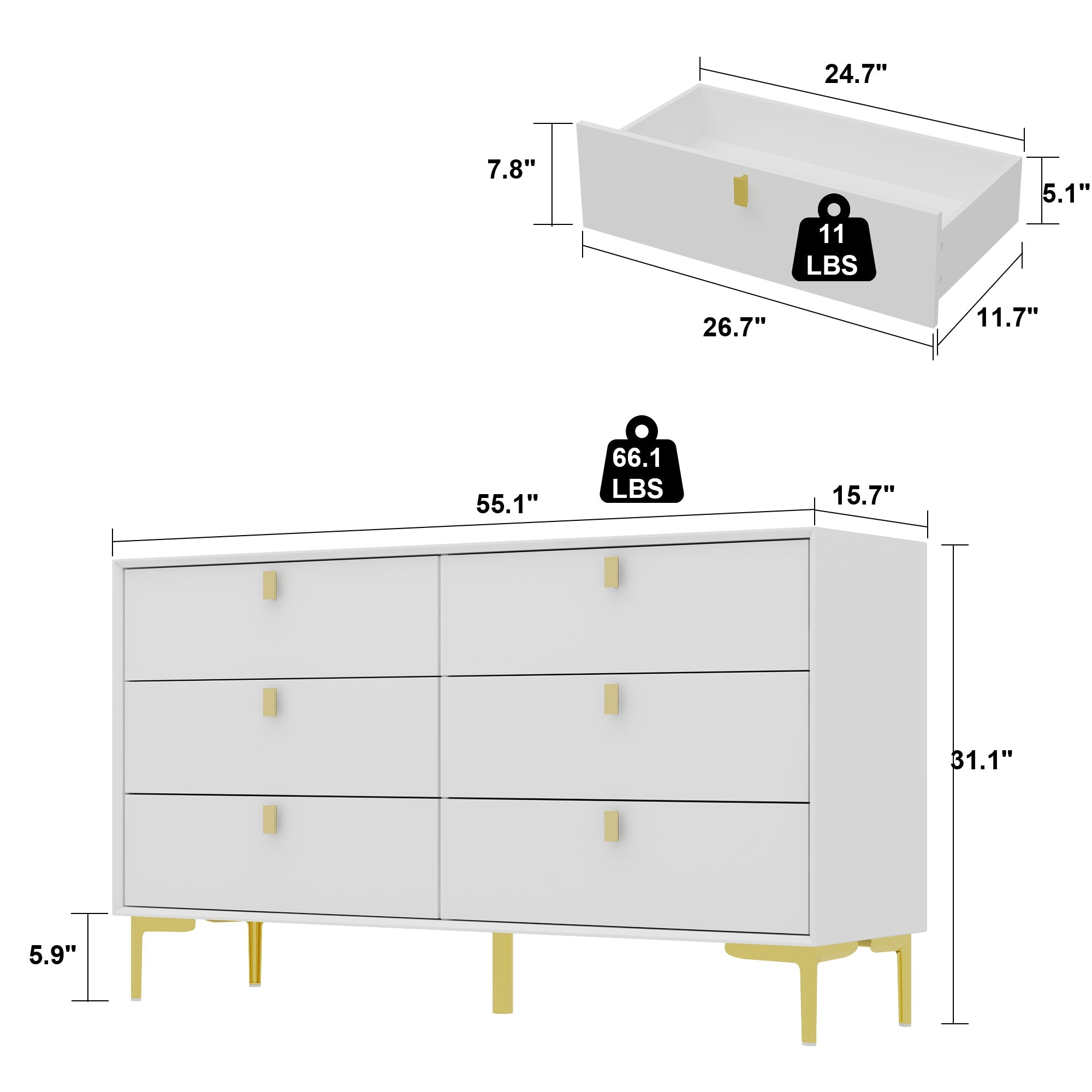 6-Drawer Dresser Buffet Sideboard for Home Storage with Metal Legs