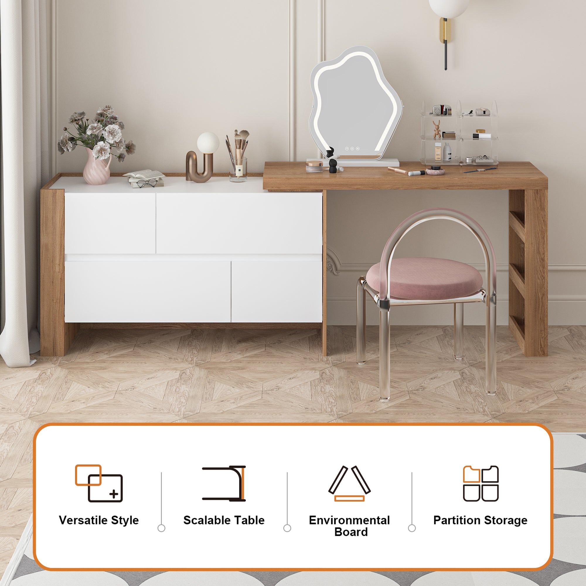 L-Shaped Modern Vanity Set with Adjustable Storage and 4 Drawer Chest