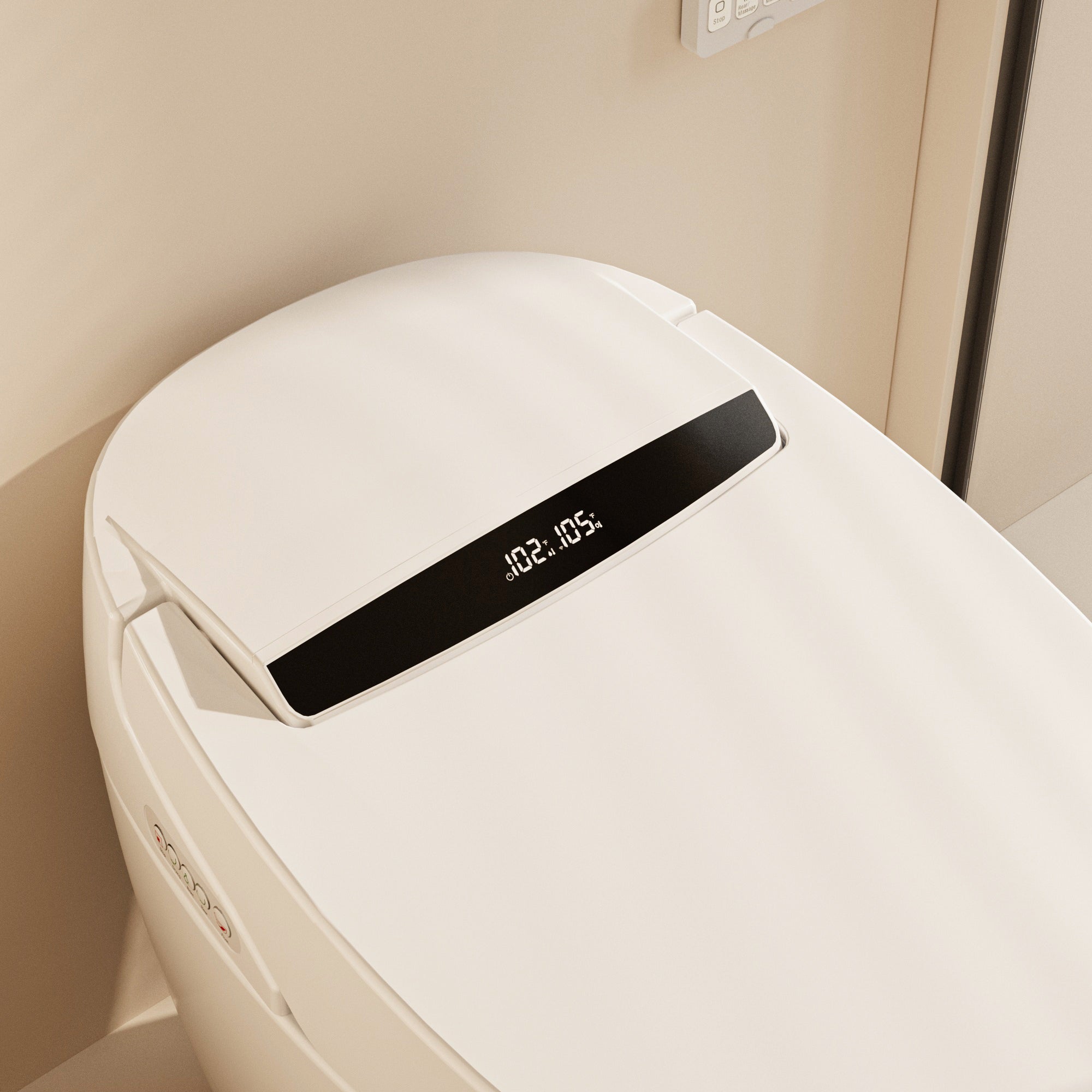 White smart toilet with closed lid, digital display, and built-in bidet