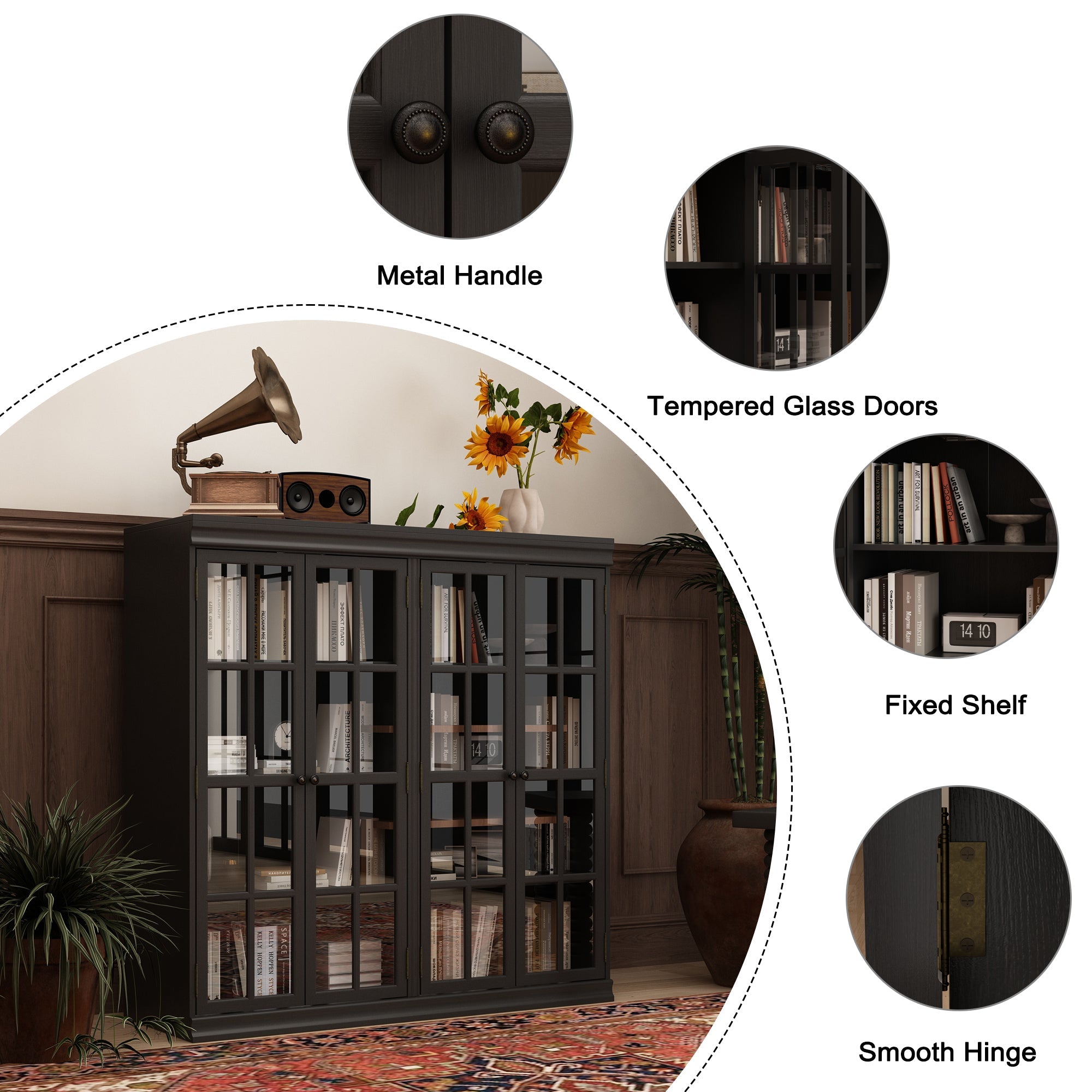 47.2"W Sideboard With 4 Glass Door Large Capacity Cabinet Home Storage