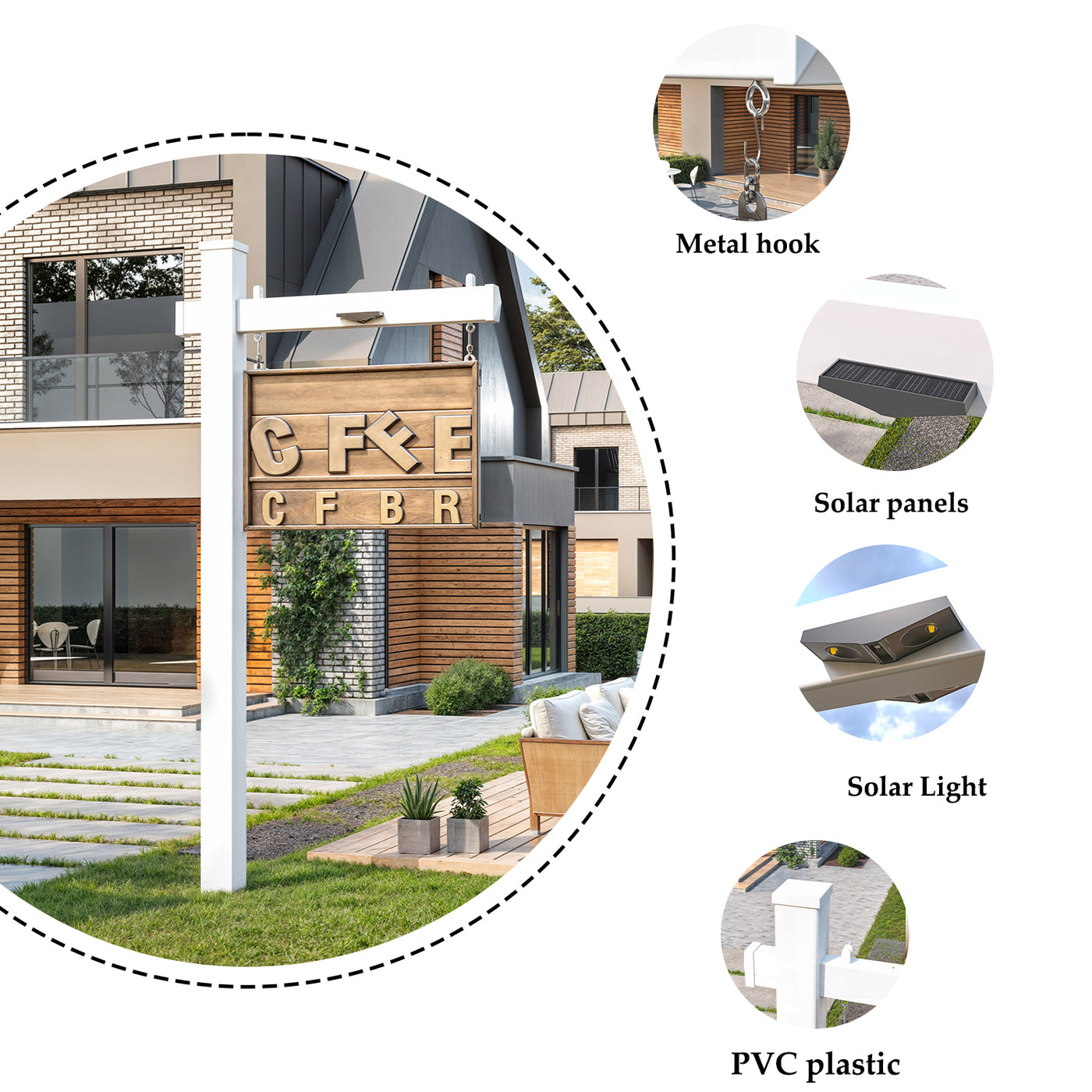 Solar-powered outdoor light fixture with metal hook, solar panels, solar light, and PVC plastic components
