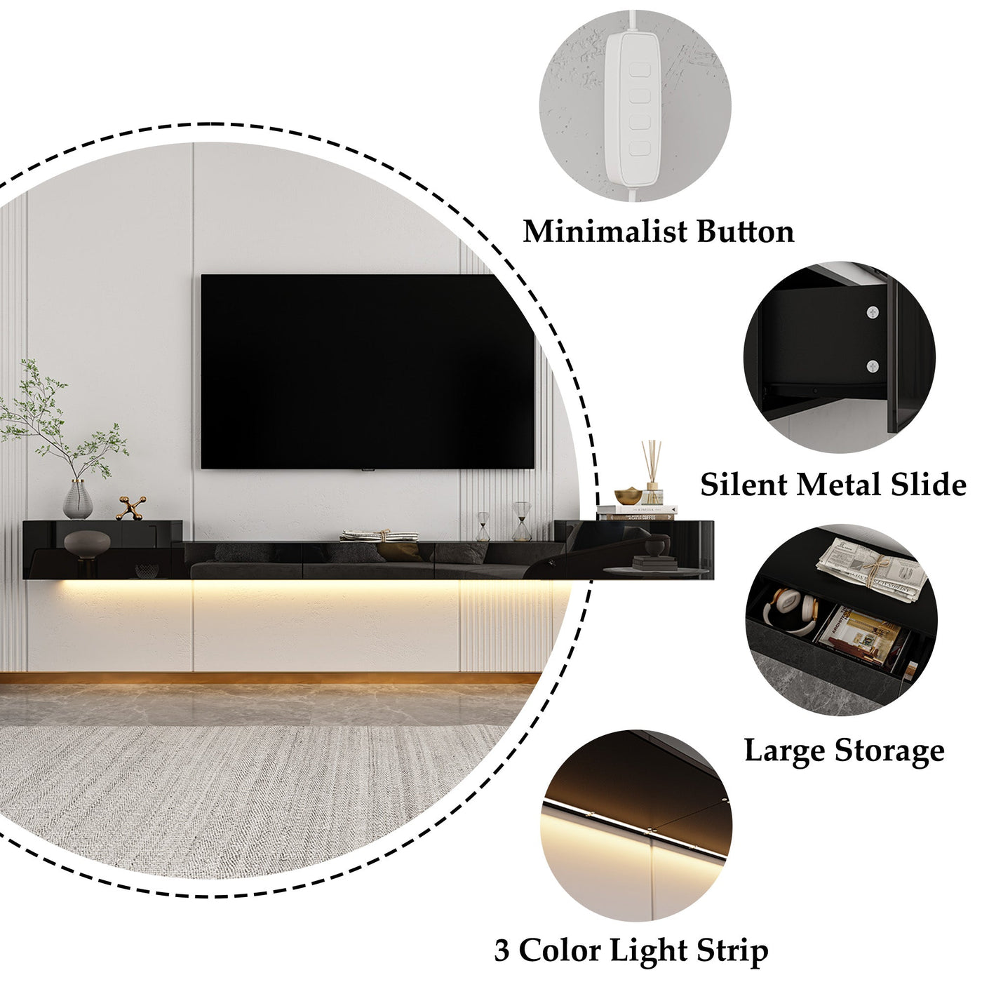 110" Modern Minimalist Black TV Stand Floating High Gloss TV Stand With LED Light