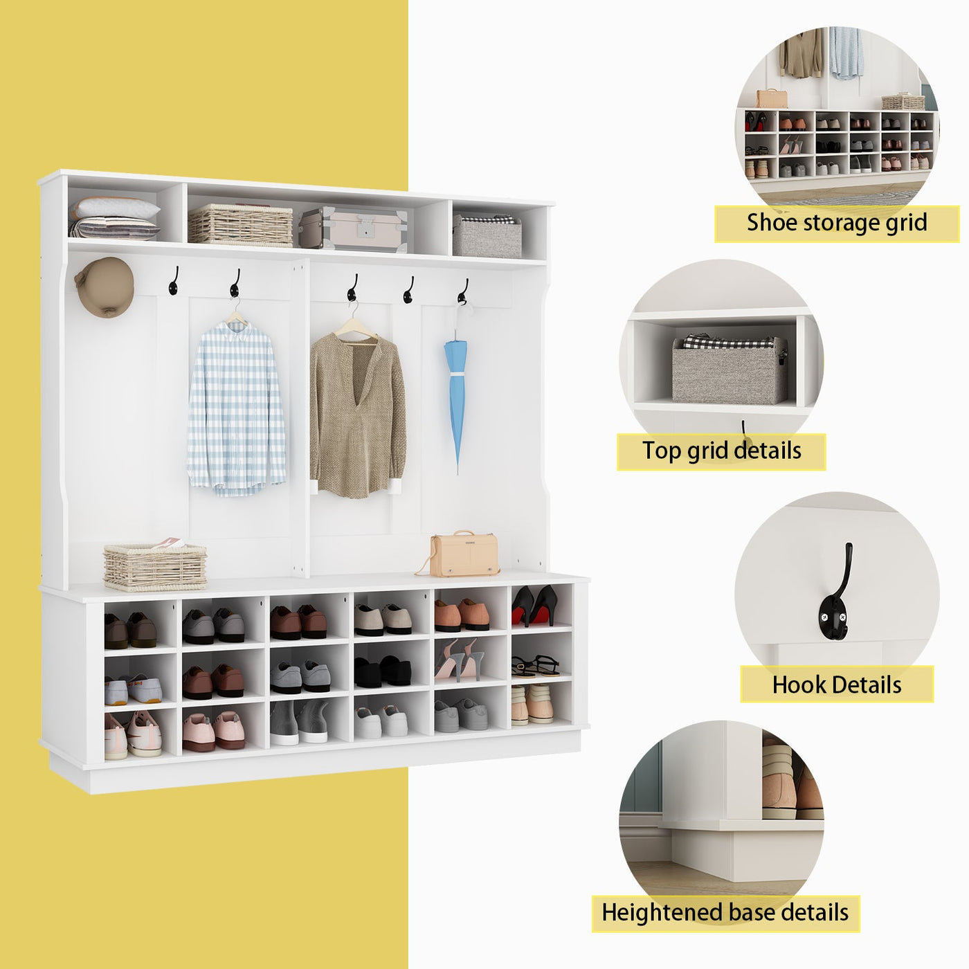 Large Hall Tree with Storage Bench 3-in-1 Entryway Bench with Double Hooks 18 Cubes
