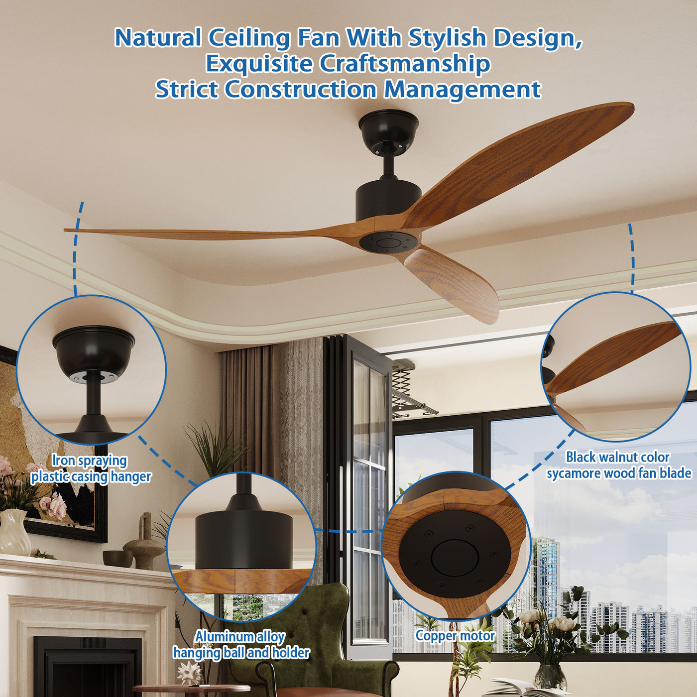65" Modern Walnut Ceiling Fan with 3 Wood Blades