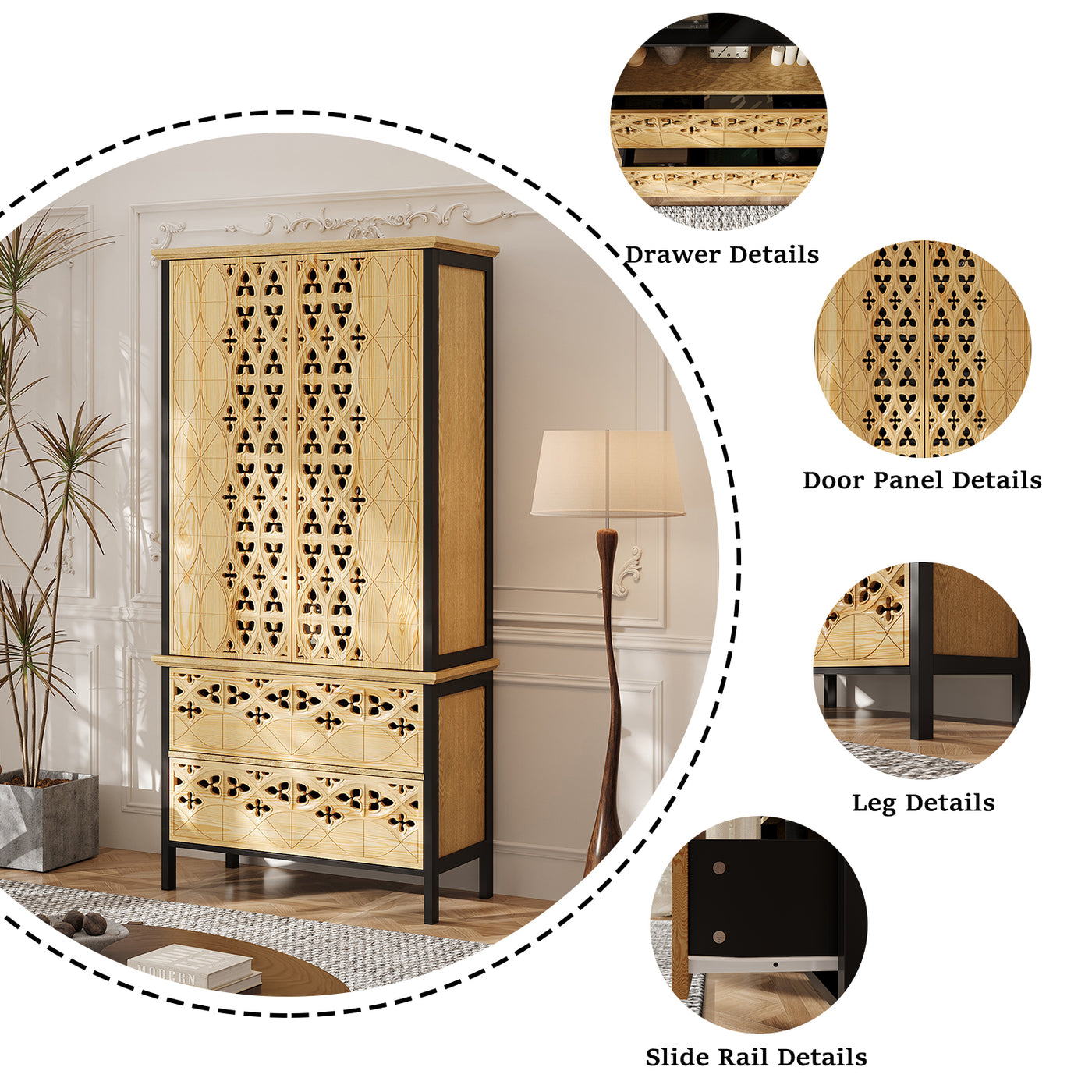 Wooden cabinet with detailed design elements in a room setting