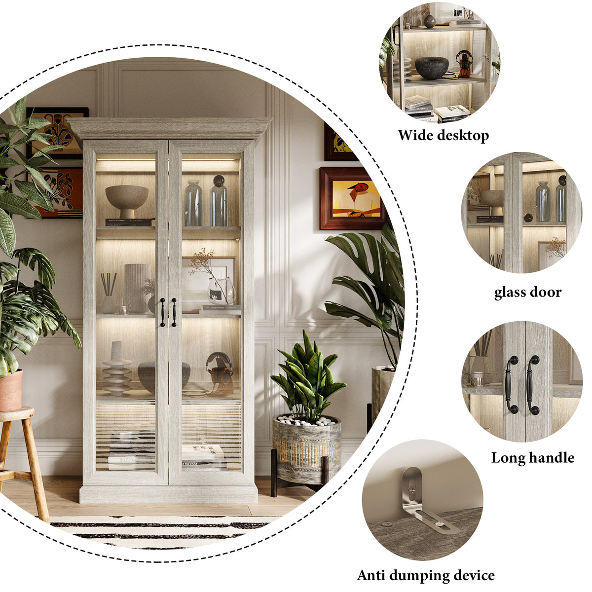37" Modern 4-Tier Display Bookcase with Glass Doors and Lights