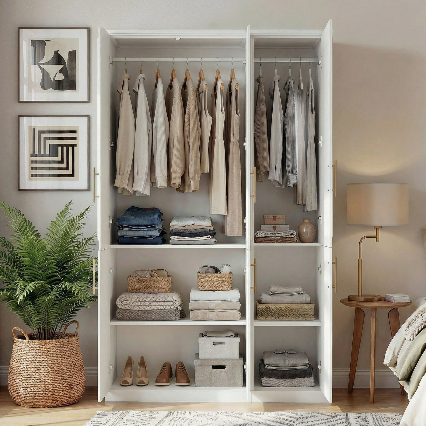 Rena 47.6" Luxe White Armoire with 6 Doors and 2 Hanging Rods