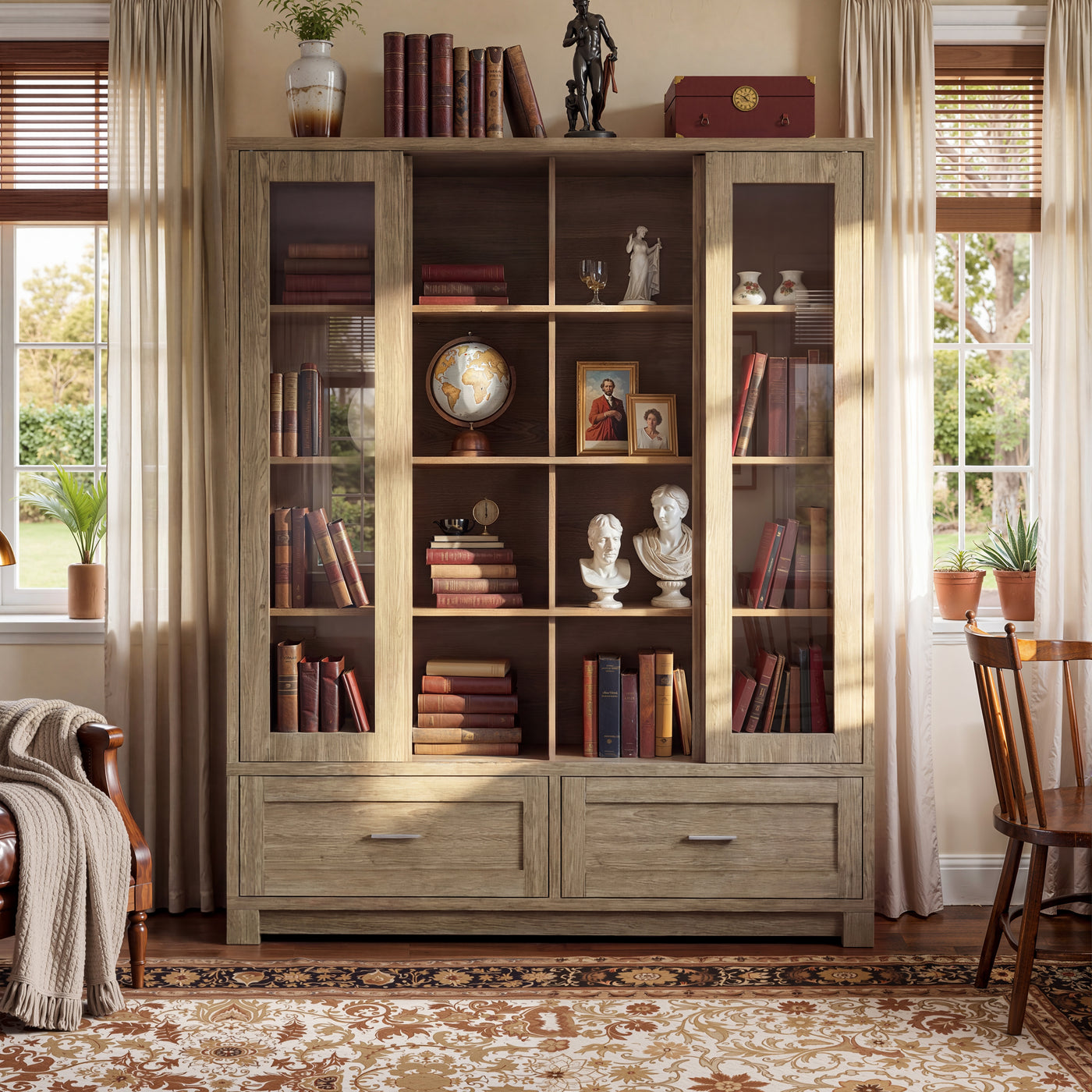 63" Modern Rustic Wood China Cabinet with 2 Drawers and 4 Sliding Glass Doors