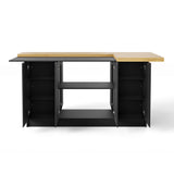 77.3 inches Modern Black Kitchen Island With Adjustable Shelves And Butcher Block Top