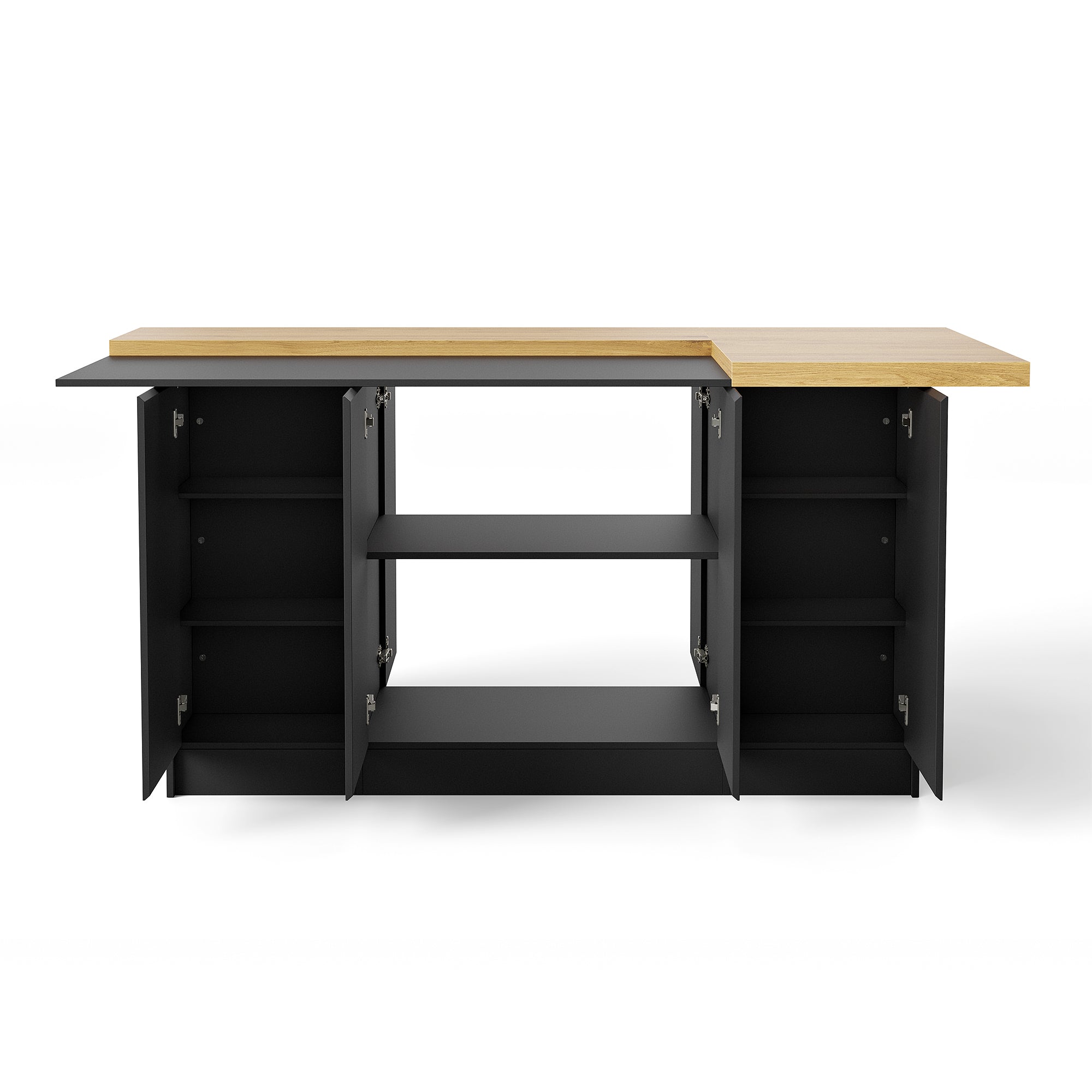 77.3 inches Modern Black Kitchen Island With Adjustable Shelves And Butcher Block Top