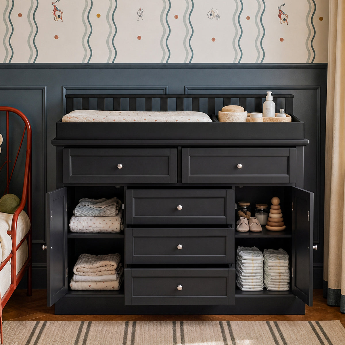 46.3" Modern Black Changing Table with 3 Drawers and 2 Cabinets