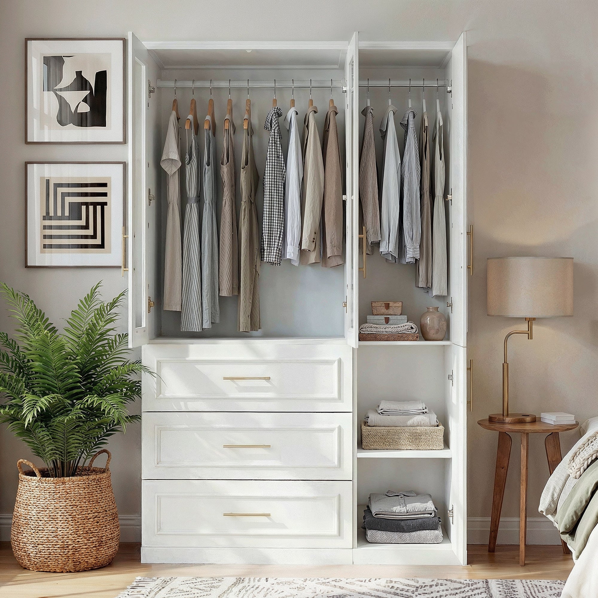 74.9"H Bedroom Armoire with Glass Doors, 3 Drawers & Hanging Rod for Organized Clothing Storage