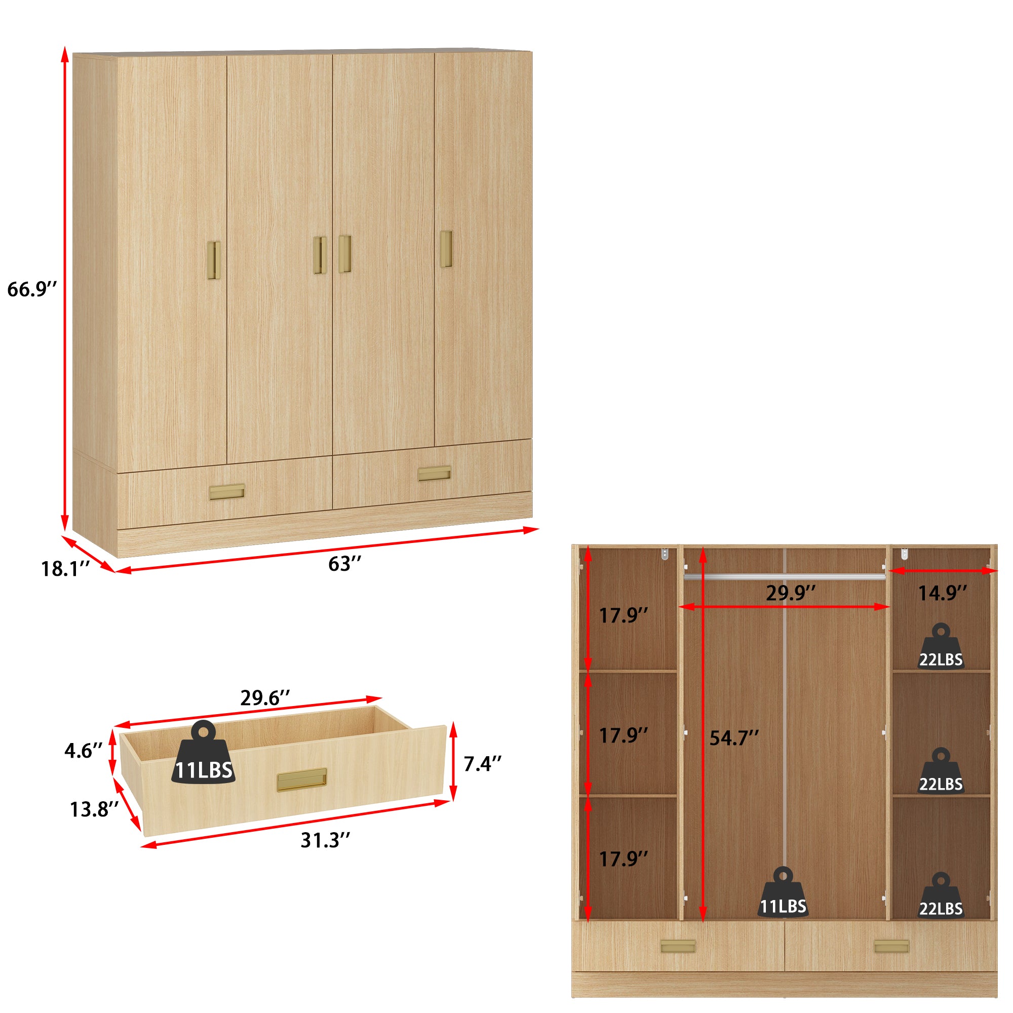 Wooden wardrobe with dimensions and weight capacity indicators on a white background