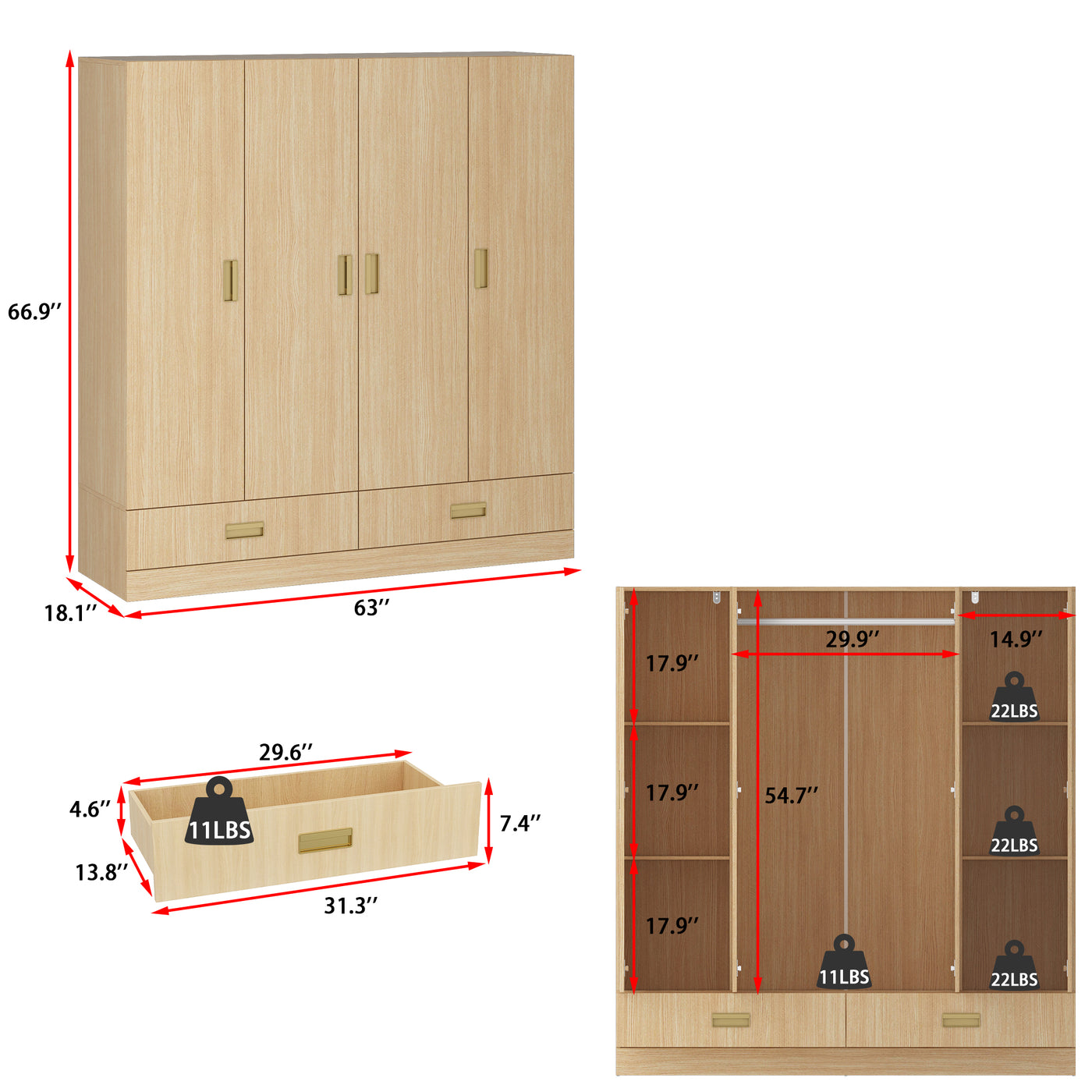 Wooden wardrobe with dimensions and weight capacity indicators on a white background