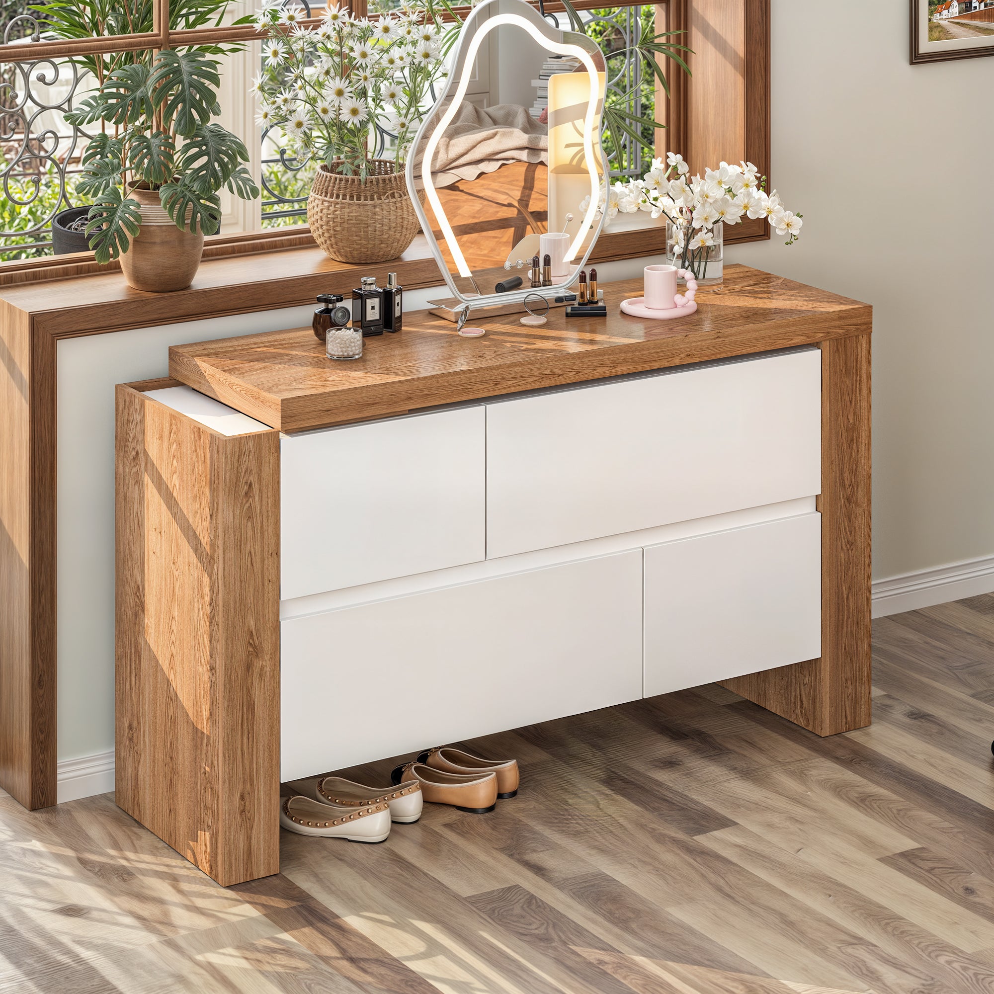 L-Shaped Modern Vanity Set with Adjustable Storage and 4 Drawer Chest
