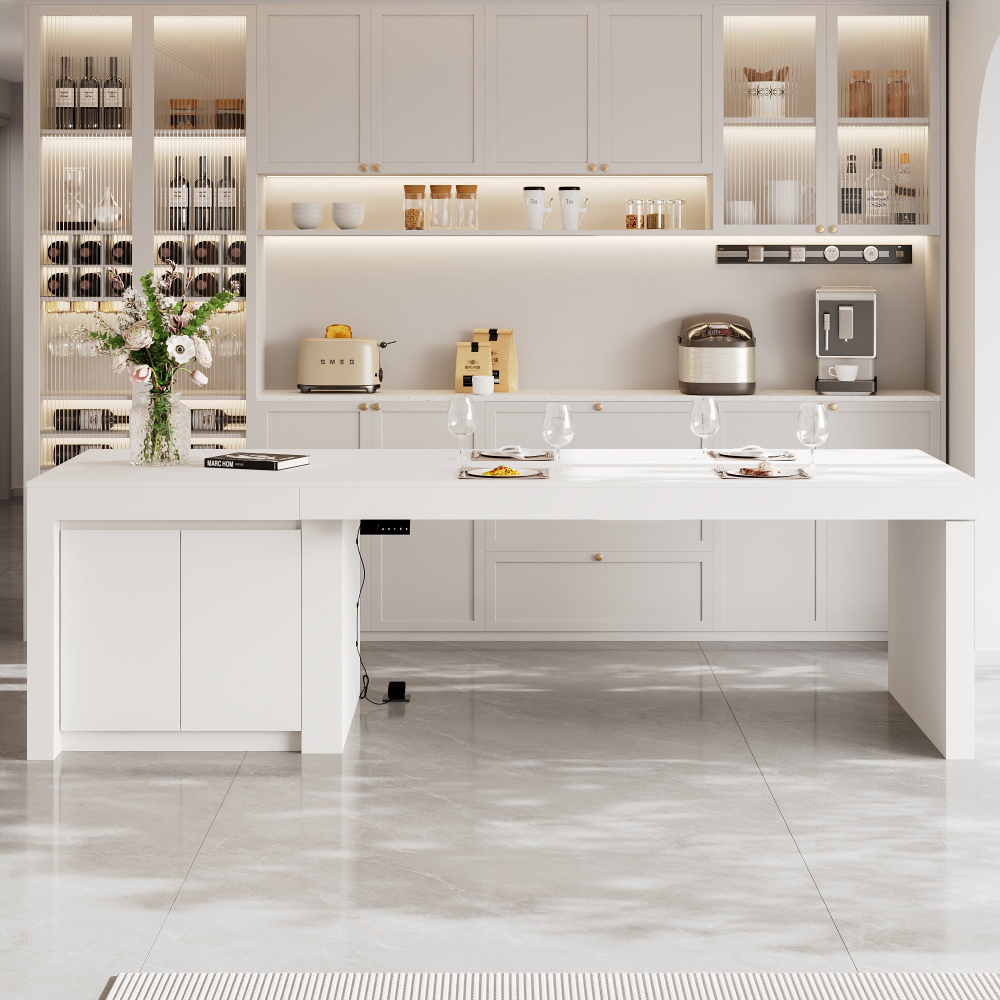 Modern white kitchen island with height-adjustable top and storage cabinets