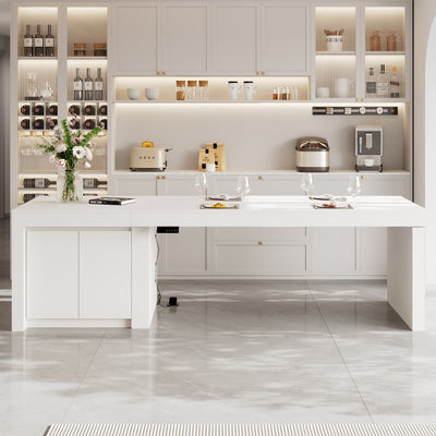 110.2" Modern White Kitchen Island with Adjustable Height and Storage Cabinets