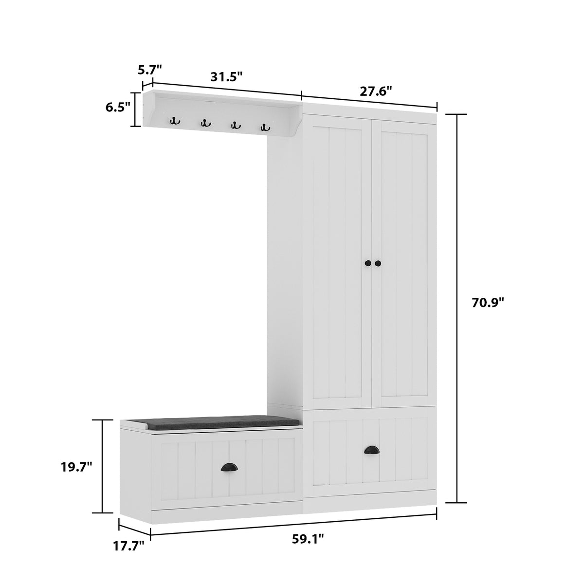 Stilla 59.1" Modern White Hall Tree with Storage Bench & Flip-Down Shoe Cabinet