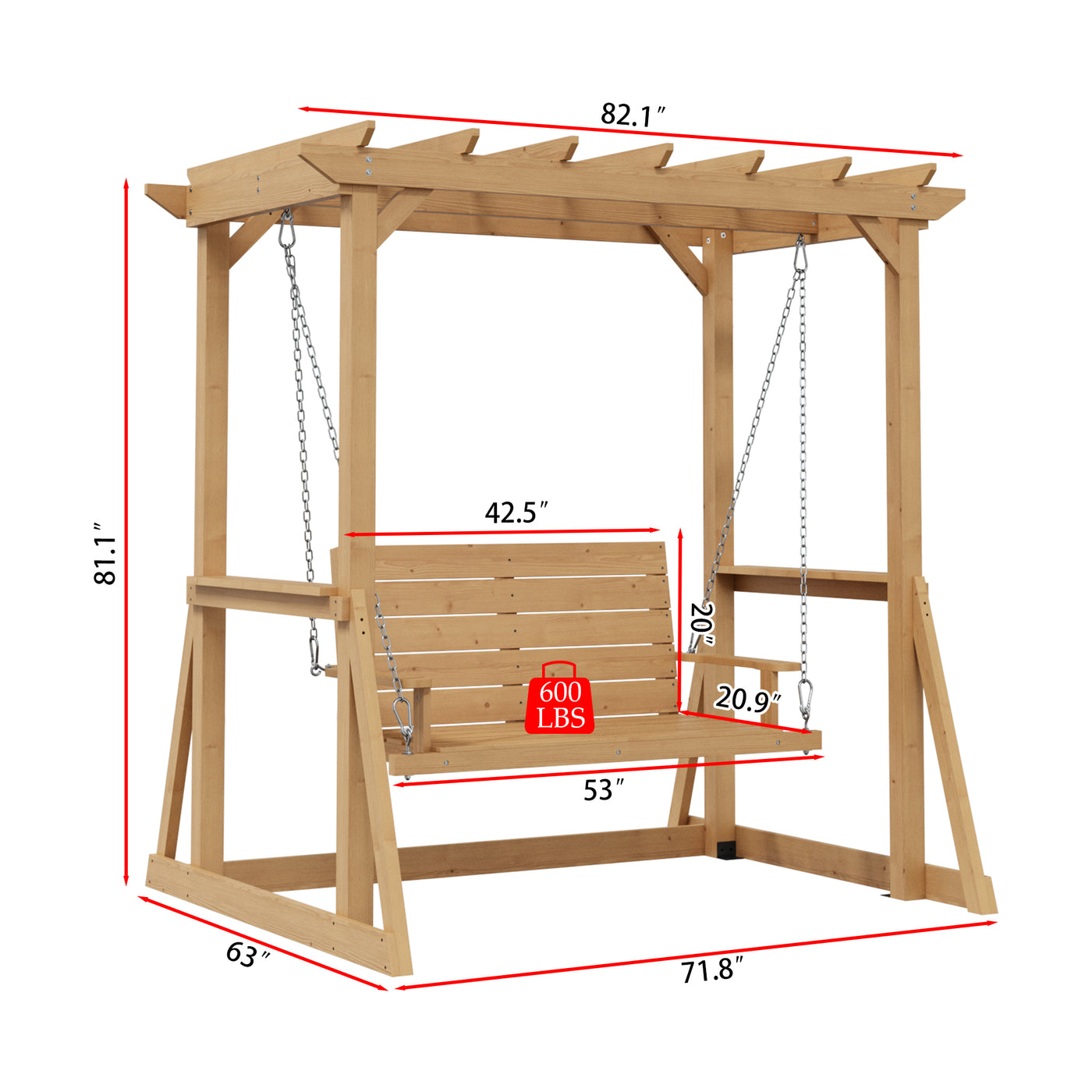 Wooden swing set with dimensions labeled on a white background