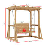 Wooden swing set with dimensions labeled on a white background