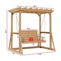 Wooden swing set with dimensions labeled on a white background