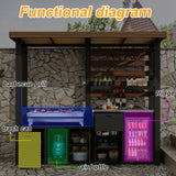 Outdoor kitchen setup with labeled barbecue grill, trash can, air bottle, and fridge against a stone wall.