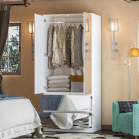 Hylja 31.5" Modern White Full-Length Mirrored Wardrobe with Multiple Drawers and Adjustable Shelving