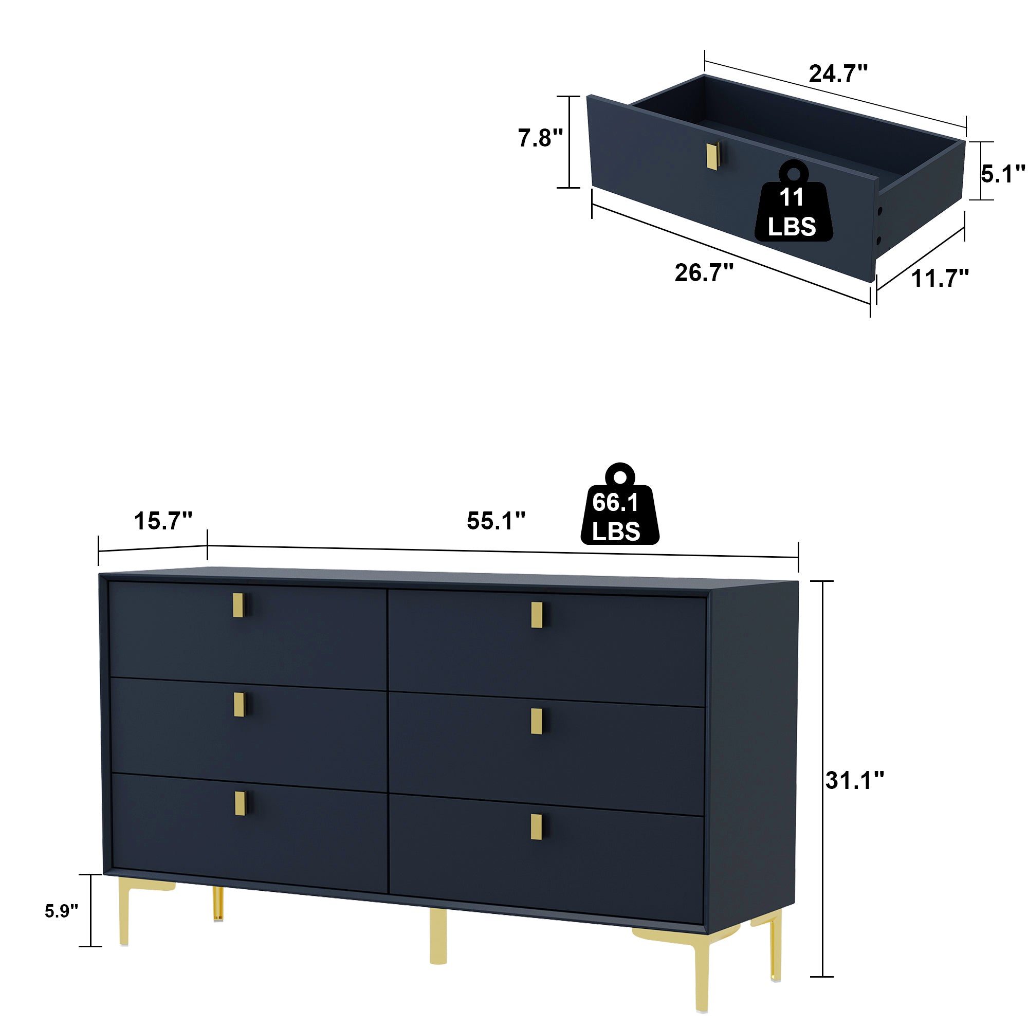 6-Drawer Dresser Buffet Sideboard for Home Storage with Metal Legs