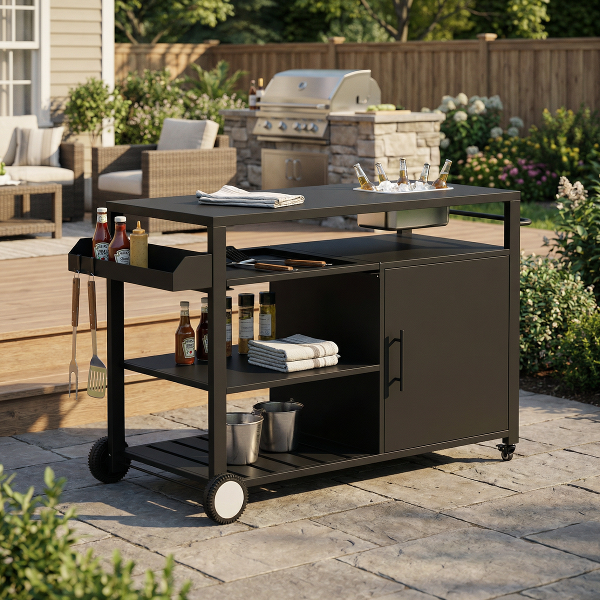 Black outdoor kitchen island cart with side shelf, storage cabinet, sink, and wheels